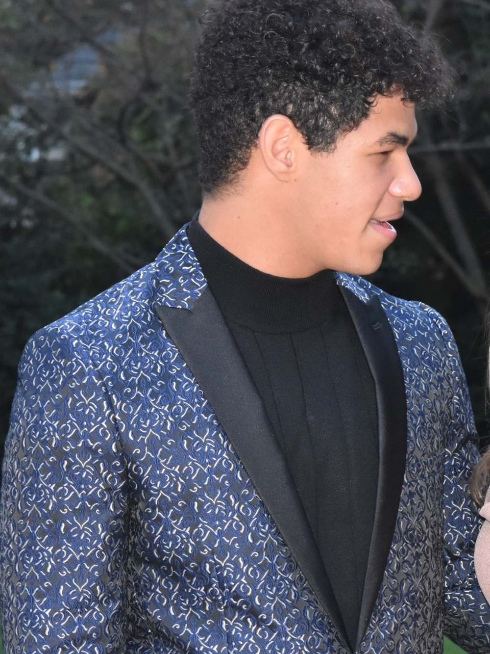 Paisley & Gray Navy Patterned Tuxedo Blazer | Satin Shawl Lapel